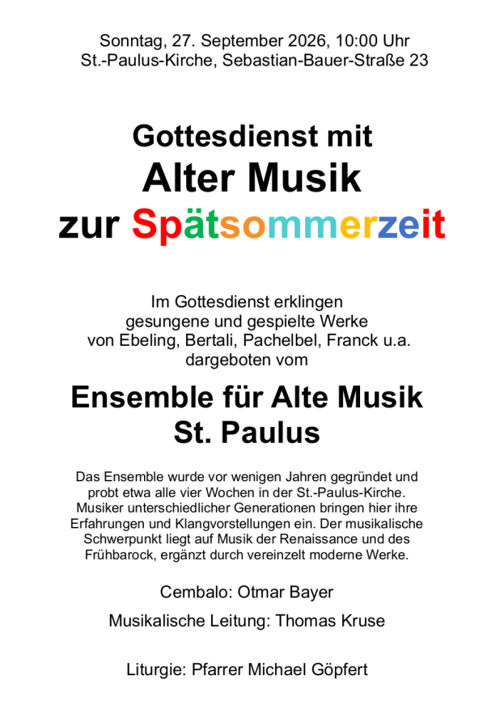 Plakat Gottesdienst mit dem Ensemble für Alte Musik